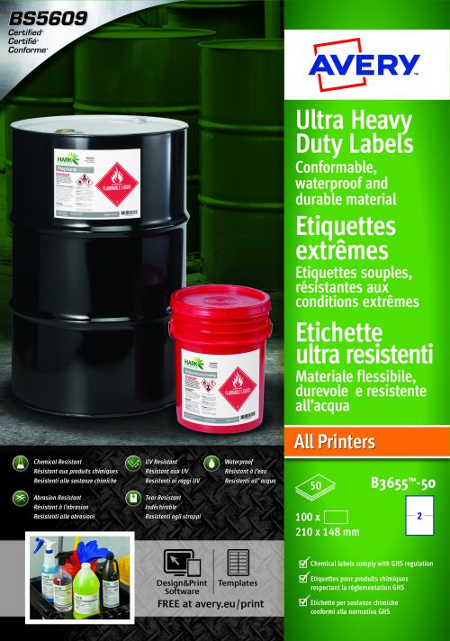 Avery Ultra Resistant Labels 148 x 210mm Permanent 2 Labels Per Sheet (100 Labels Per Pack) B3655-50