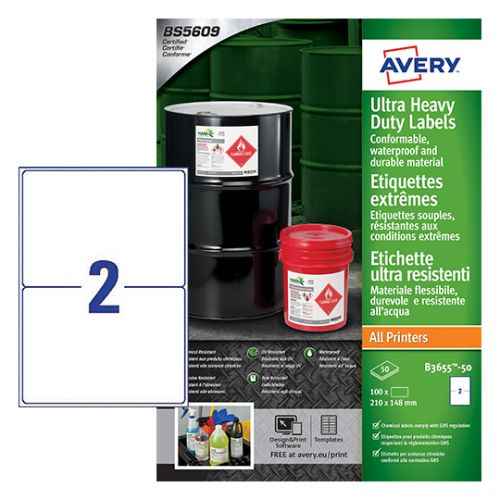 Avery Ultra Resistant Labels 148 x 210mm Permanent 2 Labels Per Sheet (100 Labels Per Pack) B3655-50