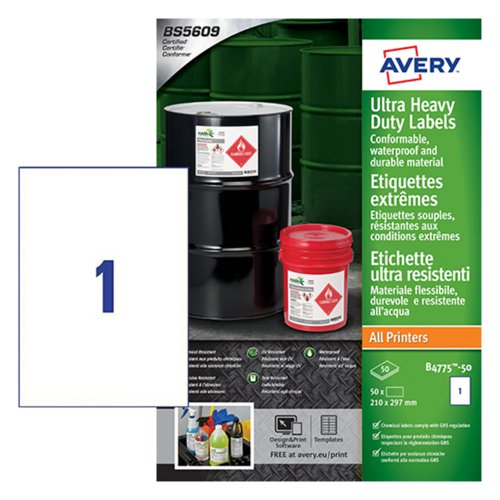Avery Ultra Resistant Labels 210 x 297 mm Permanent 1 Label Per Sheet (50 Labels Per Pack) B4775-50 Avery UK