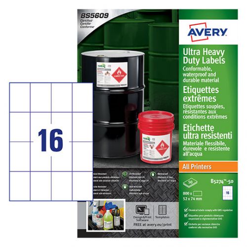 Avery Heavy Duty Ultra Resistant Label 52x74mm 16 Per A4 Sheet White (Pack 800 Labels) - B5274-50 46099AV Buy online at Office 5Star or contact us Tel 01594 810081 for assistance