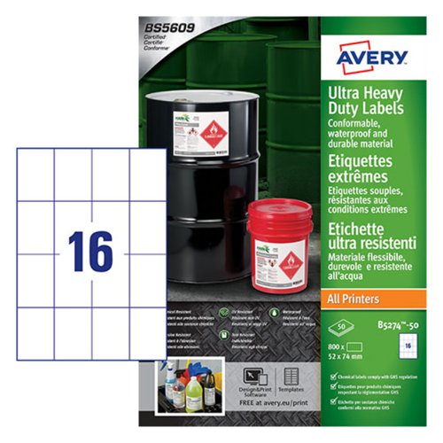 Avery Heavy Duty Ultra Resistant Label 52x74mm 16 Per A4 Sheet White (Pack 800 Labels) - B5274-50