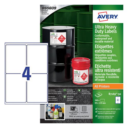 Avery Ultra Resistant Labels 99 x 139 mm Permanent 4 Labels Per Sheet 200 Labels Per Pack B7169-50