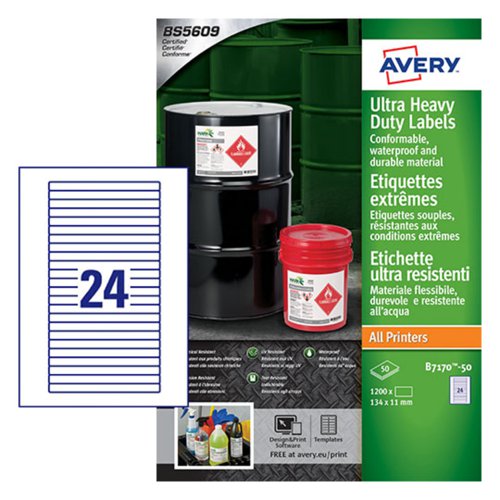 Avery Ultra Resistant Labels 11 x 134mm Permanent 24 Labels Per Sheet (1200 Labels Per Pack) B7170-50 46477AV Buy online at Office 5Star or contact us Tel 01594 810081 for assistance