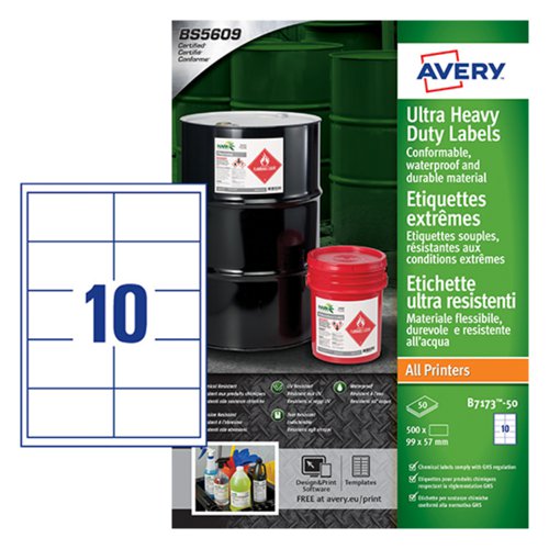 Avery Ultra Resistant Labels 57 x 99 mm Permanent 10 Labels Per Sheet 500 Labels Per Pack B7173-50