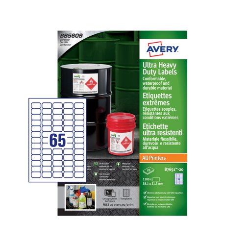 Avery Ultra Resistant Labels 38 x 21mm Permanent 65 Labels Per Sheet (1300 Labels Per Pack) B7651-20