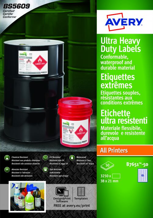 Avery Ultra Resistant Labels 38 x 21 mm Permanent 65 Labels Per Sheet 3250 Labels Per Pack B7651-50