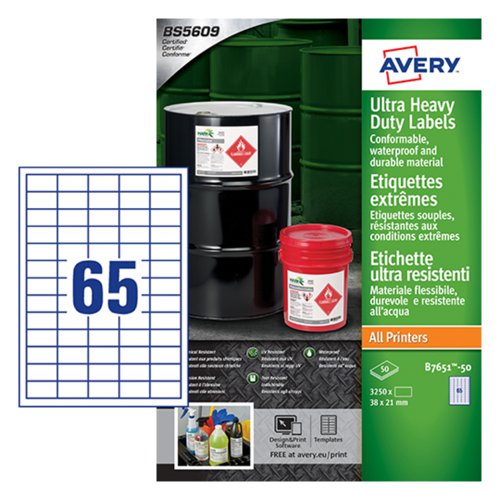 Avery Ultra Resistant Labels 38 x 21 mm Permanent 65 Labels Per Sheet 3250 Labels Per Pack B7651-50 46491AV Buy online at Office 5Star or contact us Tel 01594 810081 for assistance