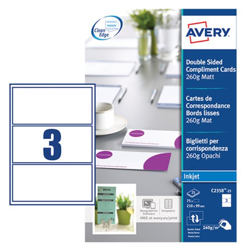 Avery Compliment Cards 210mm x 9 mm Inkjet Prints on Both Sides 75 Cards / 25 Sheets - C2358-25