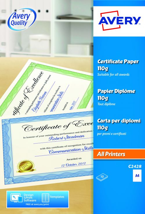 Avery C2428 Certificate Paper, 210 x 297 mm, Labels Per Sheet, 10 Labels Per Pack
