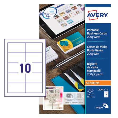 Avery Business Card Single Sided 10 Per Sheet 200gsm Matt (Pack 250) C32011-25