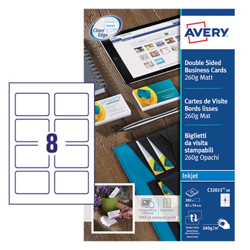 Avery Business Cards 85mm x 54mm Inkjet Prints on Both Sides 80 Cards / 10 Sheets - C32015-10