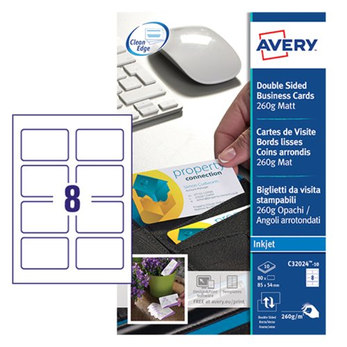 Avery Business Cards 85mm x 54mm Inkjet Prints on Both Sides 100 Cards / 10 sheets - C32024-10.UK