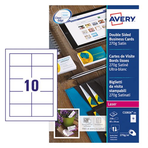 Avery Colour Laser Satin Bus Cards (Pack 250) C32026-25 Avery UK