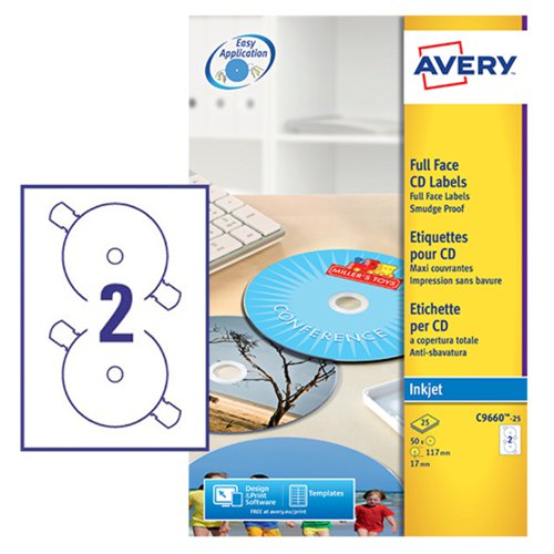 Avery Inkjet Full Face CD/DVD Label 117mm Diameter 2 Per A4 Sheet Glossy White (Pack 50 Labels) C9660-25
