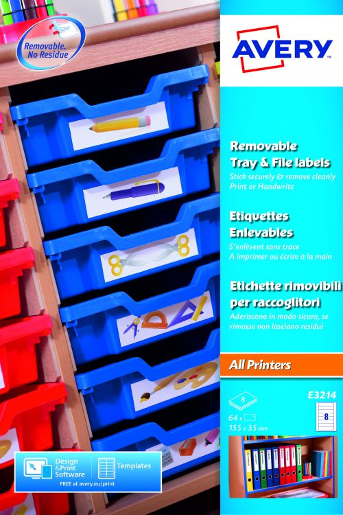 Avery E3214 Removable Tray Labels, 155 x 35 mm, Removable, 8 Labels Per Sheet, 64 Labels Per Pack