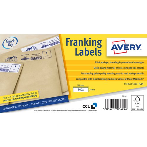 Avery Franking Label Auto Hopper 140x38mm (Pack 1000 Labels) FL04