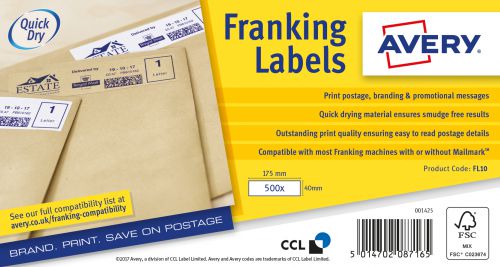 Avery FL10 Address Labels; 175 x 40mm; Permanent; 1 label Per Sheet; 1000 Labels Per Pack