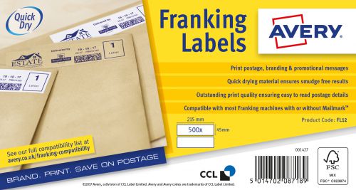 Avery Franking Labels 215x45mm WH PK1000