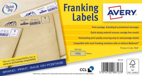 Avery Franking Label 140x38mm 1 Per Sheet Kraft Brn (Pack of 500) FL17