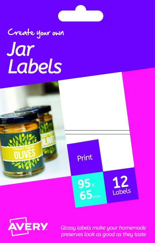 Avery HJJ01 Glossy Jar Labels, 95 x 64 mm, Permanent, 2 Labels Per Sheet, 12 Labels Per Pack