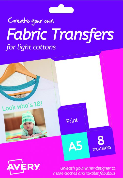 Avery HTT01 Fabric Transfers, 148 x 210 mm, Permanent, 1 Label Per Sheet, 8 Transfers Per Pack
