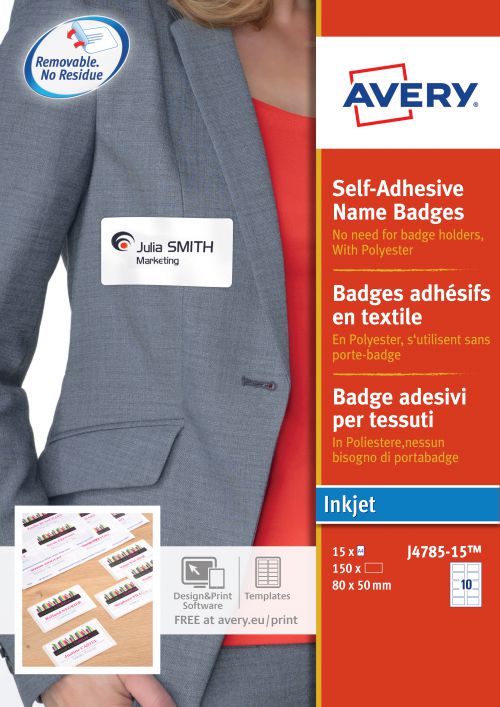 Avery J4785-15 Self-Adhesive Name Badges, 80 X 50mm, 10 Badges Per Sheet, 150 Badges Per Pack