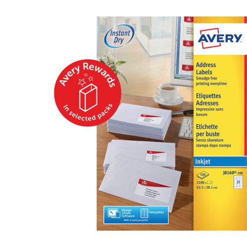 Avery Inkjet Address Label 63.5x38.1mm 21 Per A4 Sheet White (Pack 2100 Labels) J8160-100