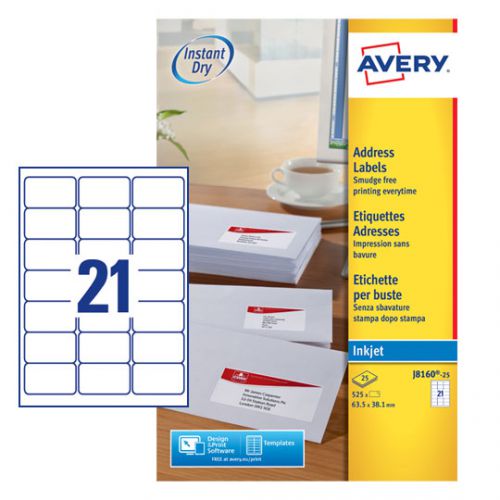 Avery Inkjet Address Labels 21 Per Sheet White (Pack of 525) J8160-25
