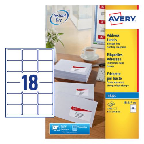 Avery Inkj Label 63.5x46.6mm 18 Per Sheet Wht (Pack of 1800) J8161-100