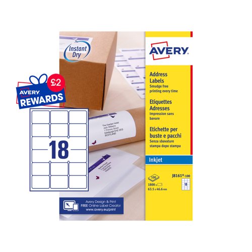 Avery QuickDRY Addressing Labels Inkjet 18TV 63.5x46.6mm White J8161-100 [1800 Labels]