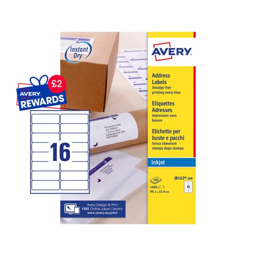 Avery QuickDRY Addressing Labels Inkjet 16TV 99.1x33.9mm White J8162-100 [1600 Labels]