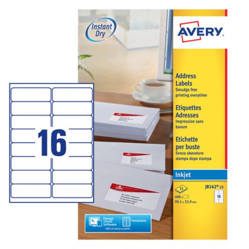 Avery Inkjet Address Label 99x34mm 16 Per A4 Sheet White (Pack 400 Labels) J8162-25