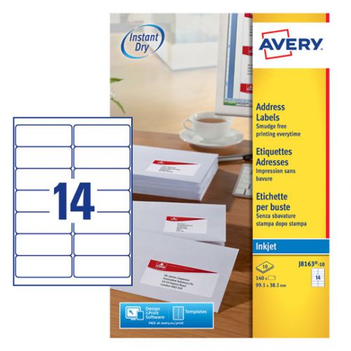 29532AV | Avery printable Address Labels are designed to stay put on your letters and small packets. Whether you’re printing in black and white or adding colour, these super white labels will look sharp and smart on your envelopes or small packages. Our mailing labels come with our special QuickDRY™ promise, ensuring smudge free results with your inkjet printer so you can confidently apply the label straight onto your envelopes without any smudge marks.The label format is 99.1 x 38.1mm with 14 labels per sheet and is an ideal size for applying to DL envelopes.