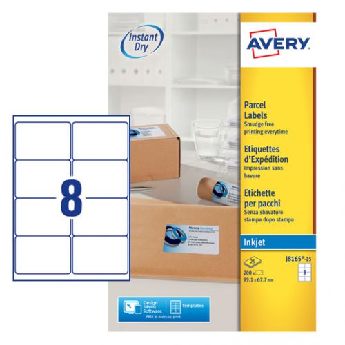Avery Quick DRY Parcel Labels Inkjet 8 per Sheet 99.1x67.7mm White Ref J8165-25 [200 Labels] 572068 Buy online at Office 5Star or contact us Tel 01594 810081 for assistance