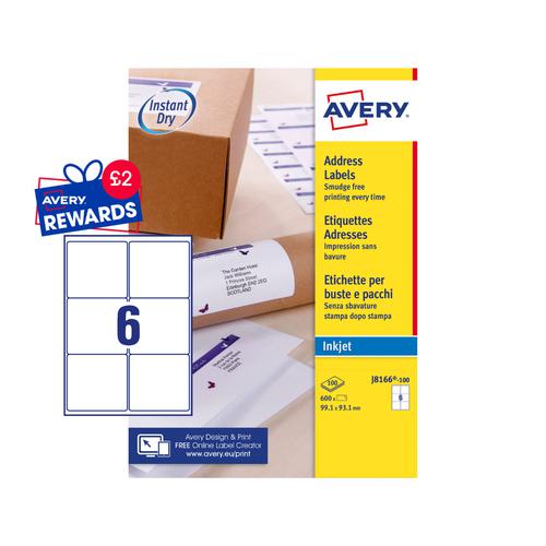 Avery QuickDRY Addressing Labels Inkjet 6TV 99.1x93.1mm White J8166-100 [600 Labels]