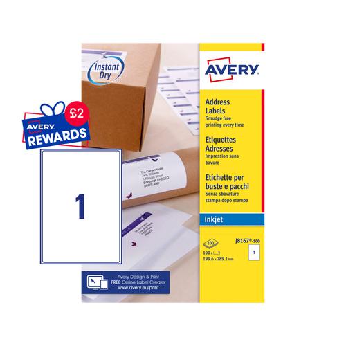 Avery QuickDRY Addressing Labels Inkjet 1TV 199.6x289.1mm White J8167-100 [100 Labels]