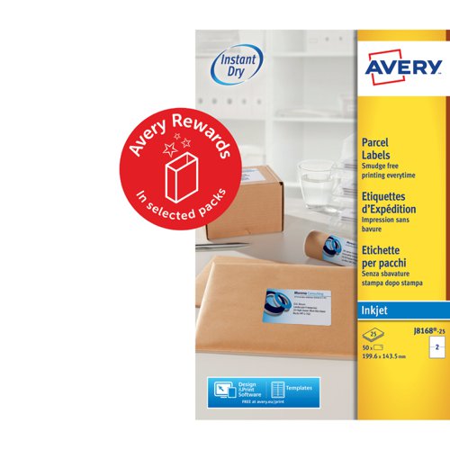 Avery Inkjet Address Label 200x143.5mm 2 Per A4 Sheet White (Pack 50 Labels) J8168-25