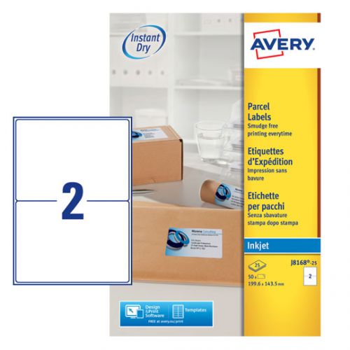 Avery Inkjet Address Label 200x143.5mm 2 Per A4 Sheet White (Pack 50 Labels) J8168-25 43677AV Buy online at Office 5Star or contact us Tel 01594 810081 for assistance