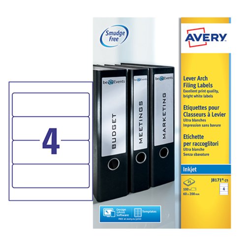 Avery Inkjet Filing Label Lever Arch File 200x60mm 4 Per A4 Sheet White (Pack 100 Labels) J8171-25