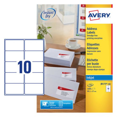 Avery Inkj Label 99.1x57mm 10 Per Sheet White (Pack of 1000) J8173-100
