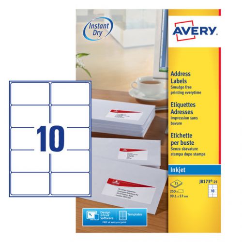 Avery Inkjet Address Label 99x57mm 10 Per A4 Sheet White (Pack 250 Labels) J8173-25 43712AV Buy online at Office 5Star or contact us Tel 01594 810081 for assistance
