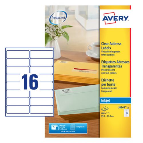 Avery Inkjet Address Label 99x34mm 16 Per A4 Sheet Clear (Pack 400 Labels) J8562-25 43747AV Buy online at Office 5Star or contact us Tel 01594 810081 for assistance