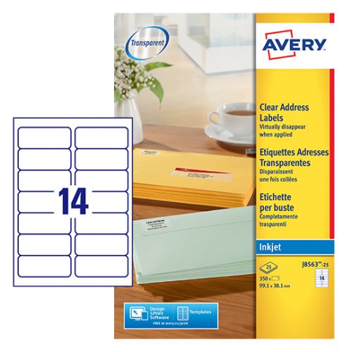 Avery Addressing Labels InkJet 14 per Sheet 99.1x38.1mm Clear Ref J8563-25 [350 Labels] 4020528 Buy online at Office 5Star or contact us Tel 01594 810081 for assistance