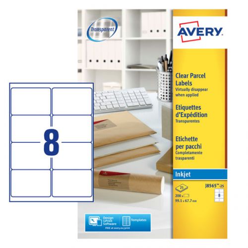 Avery Inkjet Address Label 99.1x67.7mm 8 Per A4 Sheet Clear (Pack 200 Labels) J8565-25 43761AV Buy online at Office 5Star or contact us Tel 01594 810081 for assistance