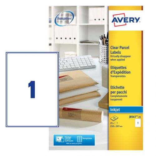 Avery Inkjet Address Label 210x297mm 1 Per A4 Sheet Clear (Pack 25 Labels) J8567-25 43768AV Buy online at Office 5Star or contact us Tel 01594 810081 for assistance