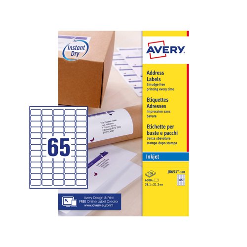 Avery Inkjet Address Label 38x21mm 65 Per A4 Sheet White (Pack 6500 Labels) J8651-100