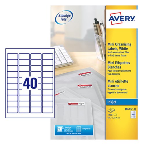 Avery Mini Labels Inkjet 40TV 45.7x25.4mm White J8654-25 [1000 Labels]