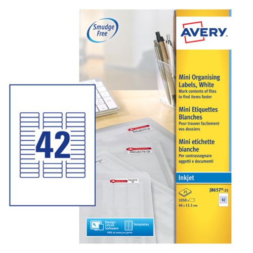 Avery Inkjet Mini Label 46x11mm 42 Per A4 Sheet White (Pack 1050 Labels) J8657-25