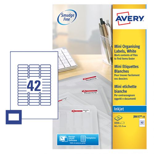 Avery Inkjet Mini Label 46x11mm 42 Per A4 Sheet White (Pack 1050 Labels) J8657-25