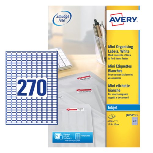 Avery Inkjet Mini Label 17.8x10mm 270 Per A4 Sheet White (Pack 6750 Labels) J8659-25